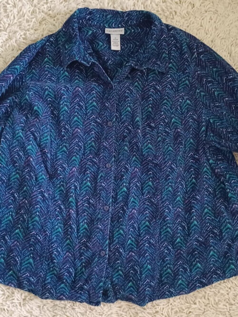 Catherines Womens 1X Button Up Blouse Blue Abstract Print Plus Size Cotton Shirt